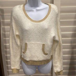 Juicy Couture Fuzzy Knit Sweater Pullover White Gold Metallic Trim Scoop Neck S